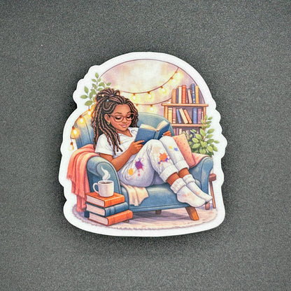 Cozy Girl Reading Stickers - Waterproof 3"